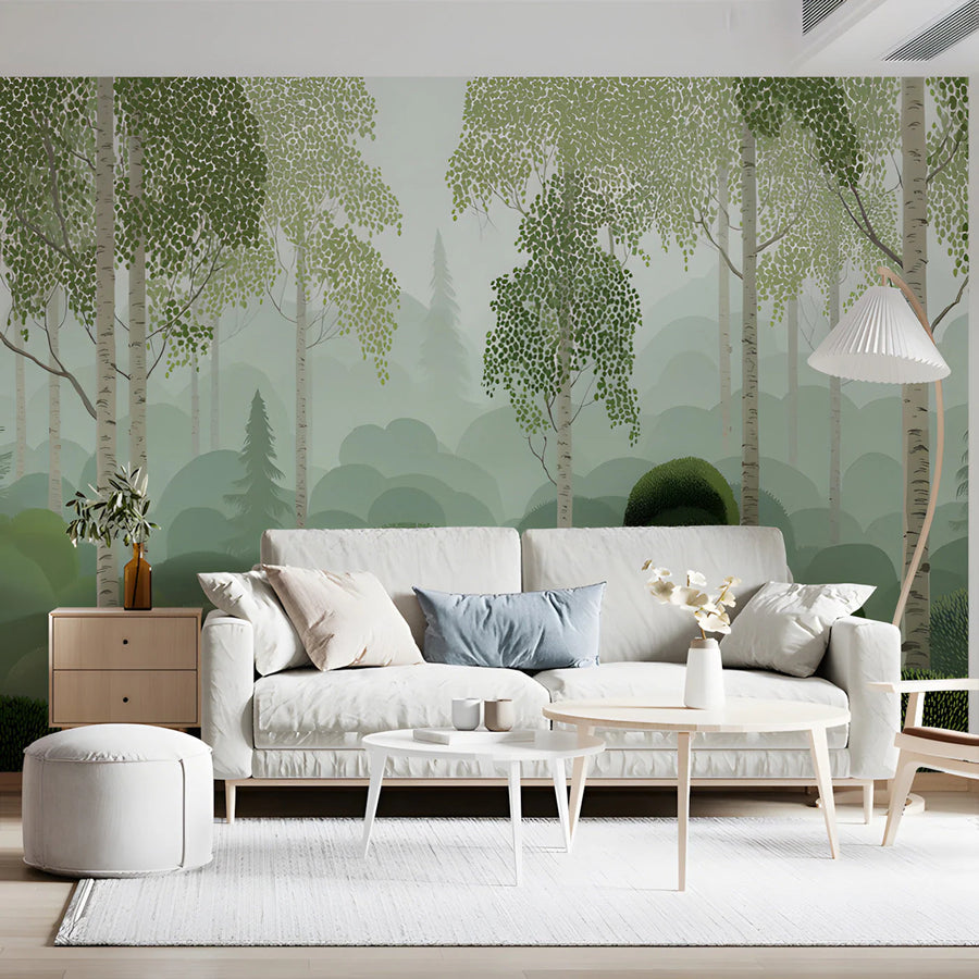 Mist-Covered Birch Forest Mural Wallpaper in Sage Green Mural Wallpaper
