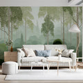 Mist-Covered Birch Forest Mural Wallpaper in Sage Green Mural Wallpaper - pure wallpaper artwork