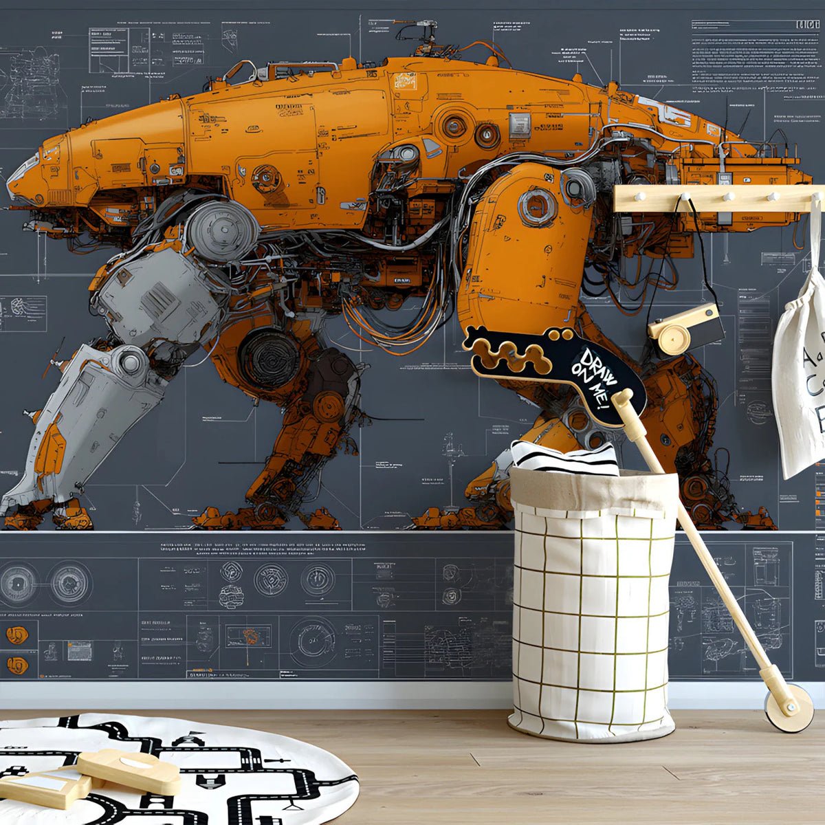 Industrial Mecha Blueprint Mural Wallpaper — Tech Schematics Mural Wallpaper - pure wallpaper artwork