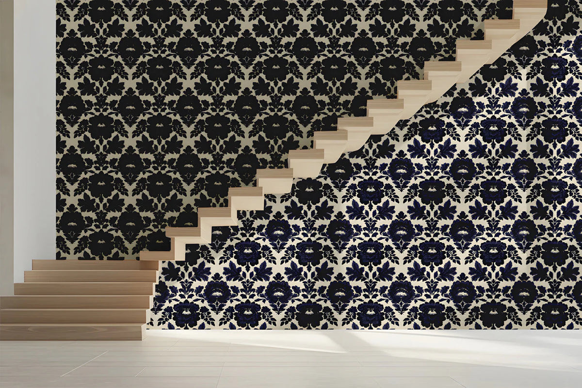 Midnight Navy Damask Floral Mural Wallpaper - pure wallpaper artwork