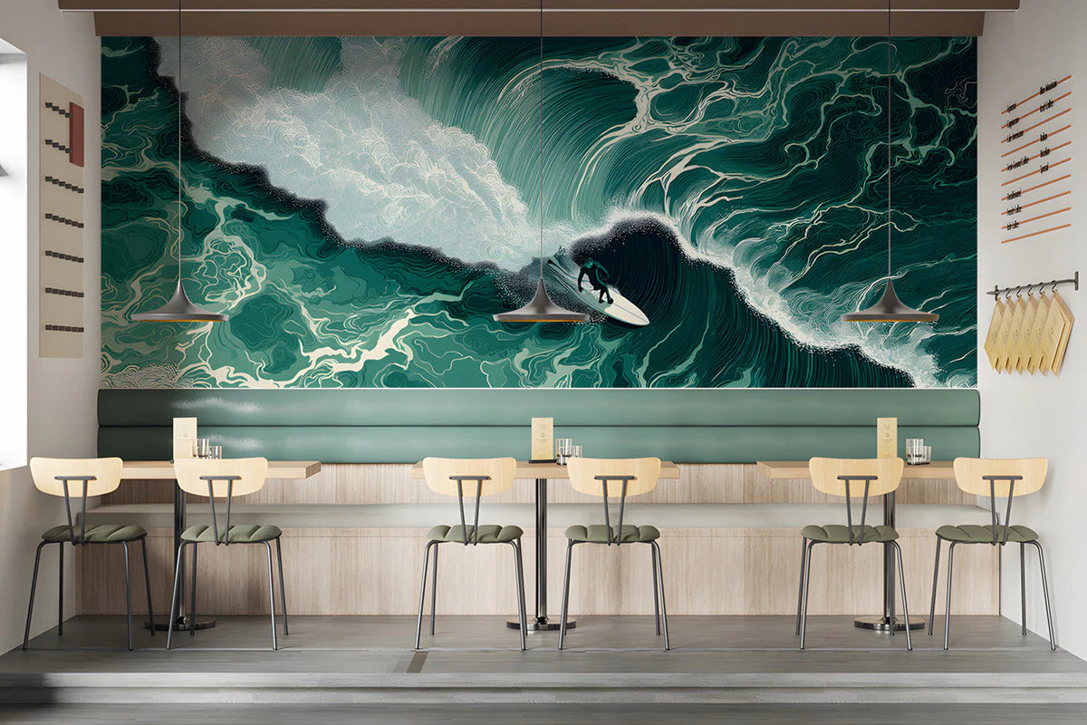 Surfer Wave Mural Wallpaper — Dynamic Deep Teal Ocean Scene Mural Wallpaper - pure wallpaper artwork