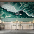 Surfer Wave Mural Wallpaper — Dynamic Deep Teal Ocean Scene Mural Wallpaper - pure wallpaper artwork