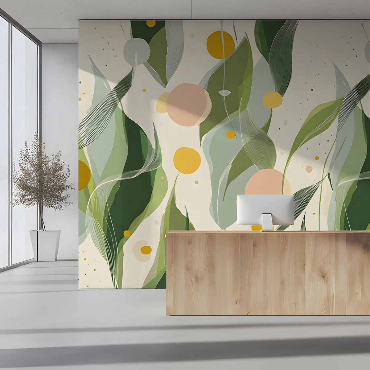 Abstract Botanical Mural Wallpaper in Sage and Ochre Yellow Mural Wallpaper - pure wallpaper artwork