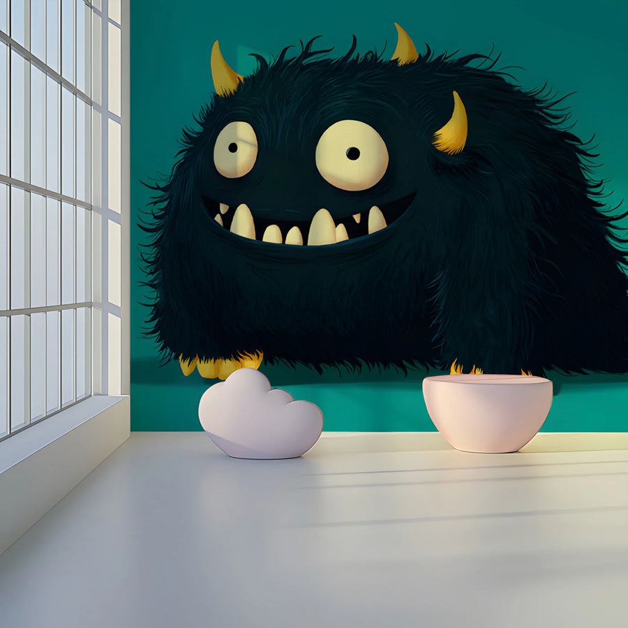 Friendly Monster Mural Wallpaper in Dark Charcoal and Teal Mural Wallpaper
