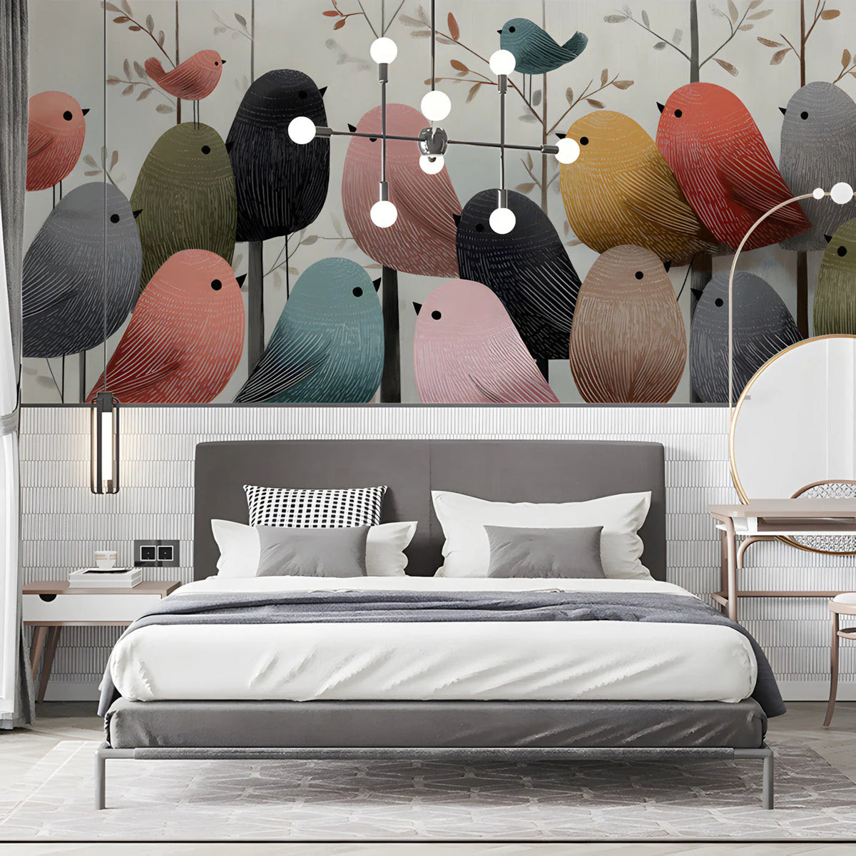 Whimsical Flock Mural Wallpaper with Textured Bird Illustrations Mural Wallpaper - pure wallpaper artwork