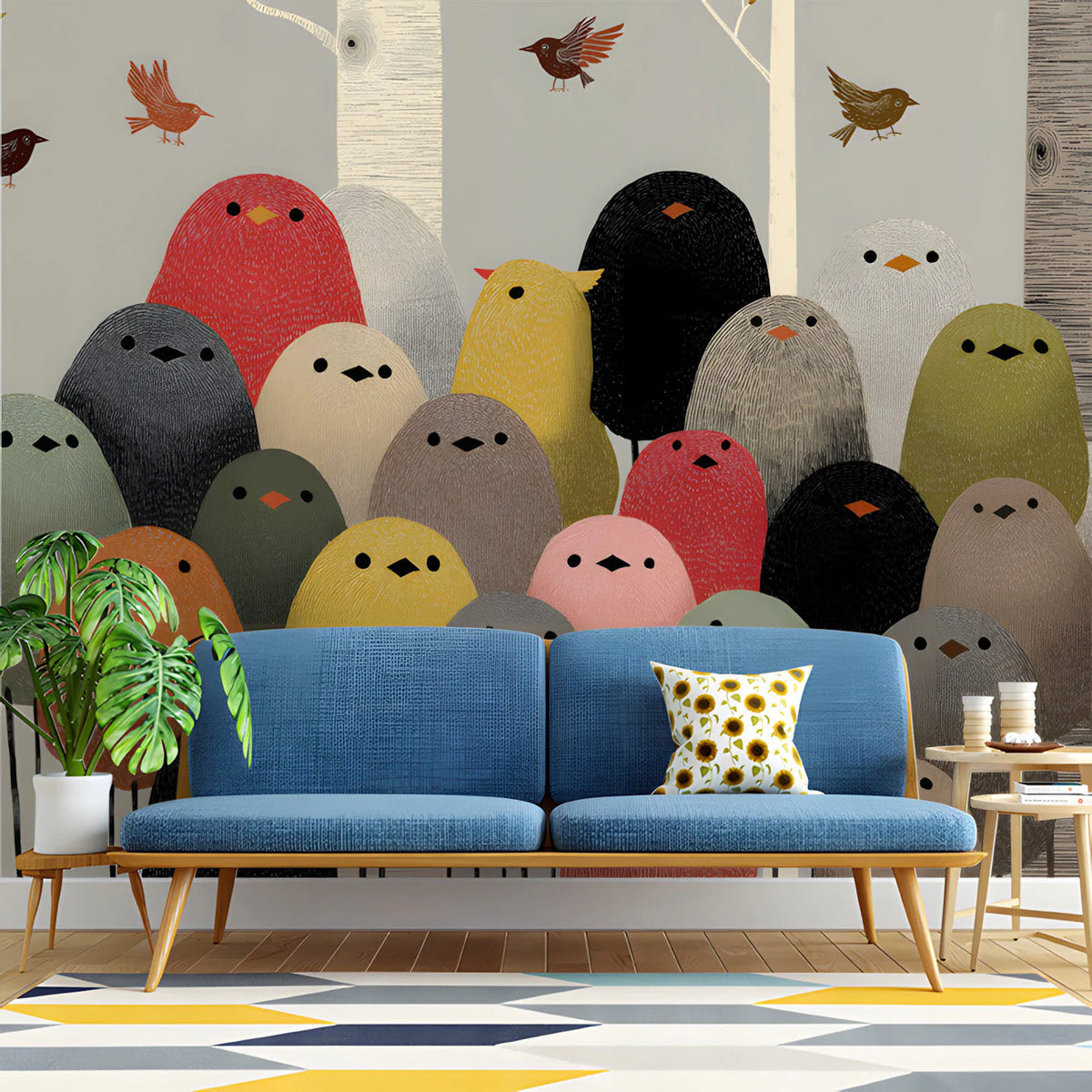 Gathering Birds Mural Wallpaper — Whimsical Forest Wall Decor Mural Wallpaper - pure wallpaper artwork