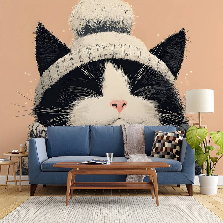 Cozy Winter Cat Mural Wallpaper — Whimsical Illustration Mural Wallpaper