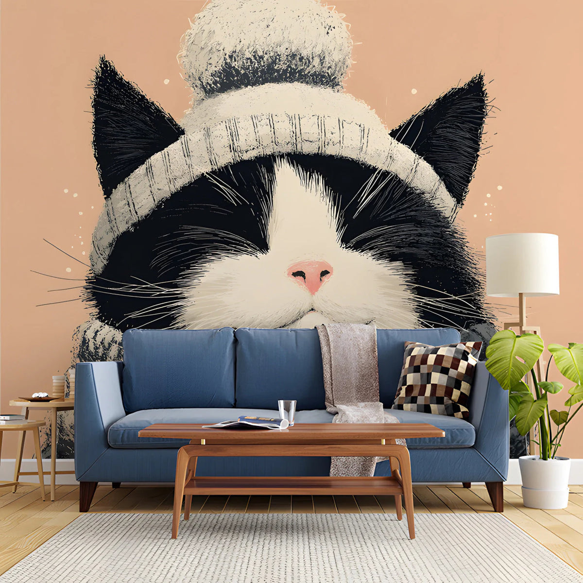 Cozy Winter Cat Mural Wallpaper — Whimsical Illustration Mural Wallpaper - pure wallpaper artwork