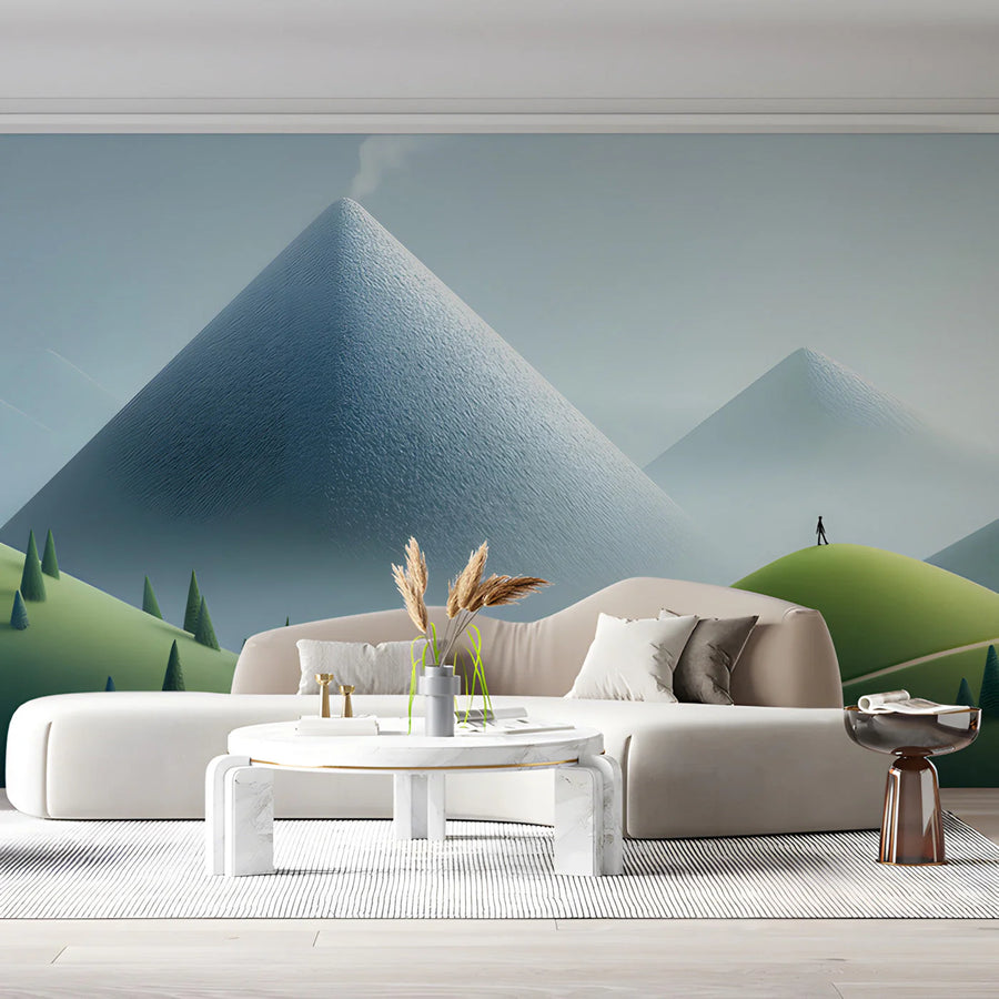 Mist-Covered Alpine Peak Mural Wallpaper in Soft Green and Grey Mural Wallpaper