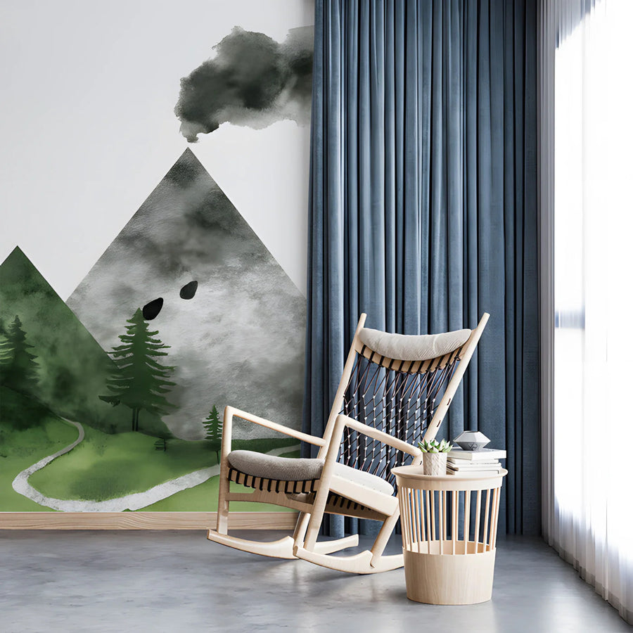 Minimalist Watercolor Mountain and Forest Mural Wallpaper