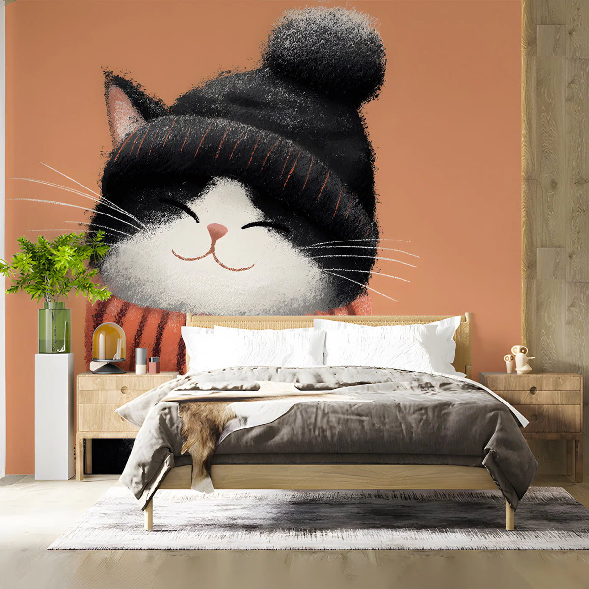 Cozy Winter Cat Mural Wallpaper — Whimsical Illustration Mural Wallpaper - pure wallpaper artwork