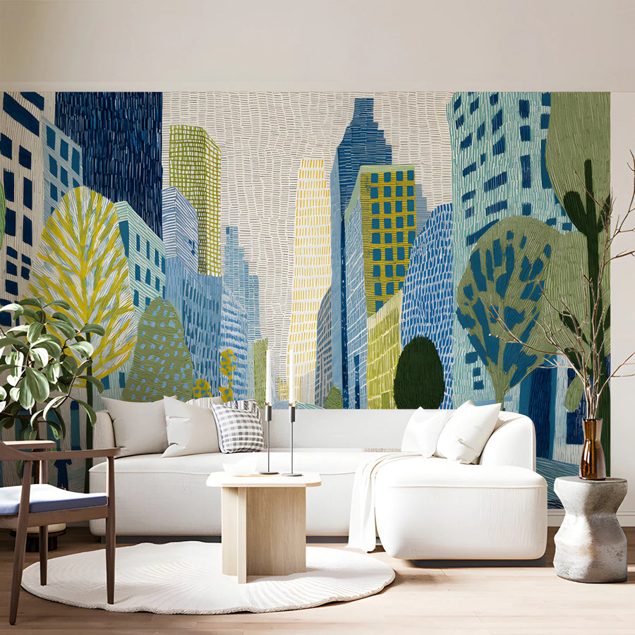 Urban Sketch Cityscape Mural Wallpaper with Colorful Trees Mural Wallpaper