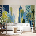 Urban Sketch Cityscape Mural Wallpaper with Colorful Trees Mural Wallpaper - pure wallpaper artwork