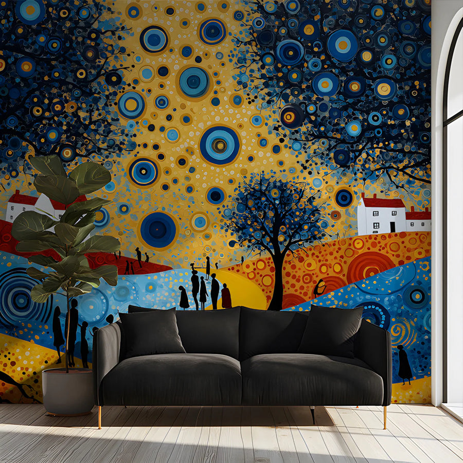 Starry Meadow Landscape Mural Wallpaper — Whimsical Artistic Scene Mural Wallpaper