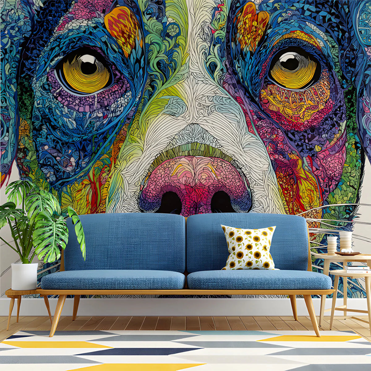 Psychedelic Dog Portrait Mural Wallpaper — Vibrant Animal Art Mural Wallpaper - pure wallpaper artwork