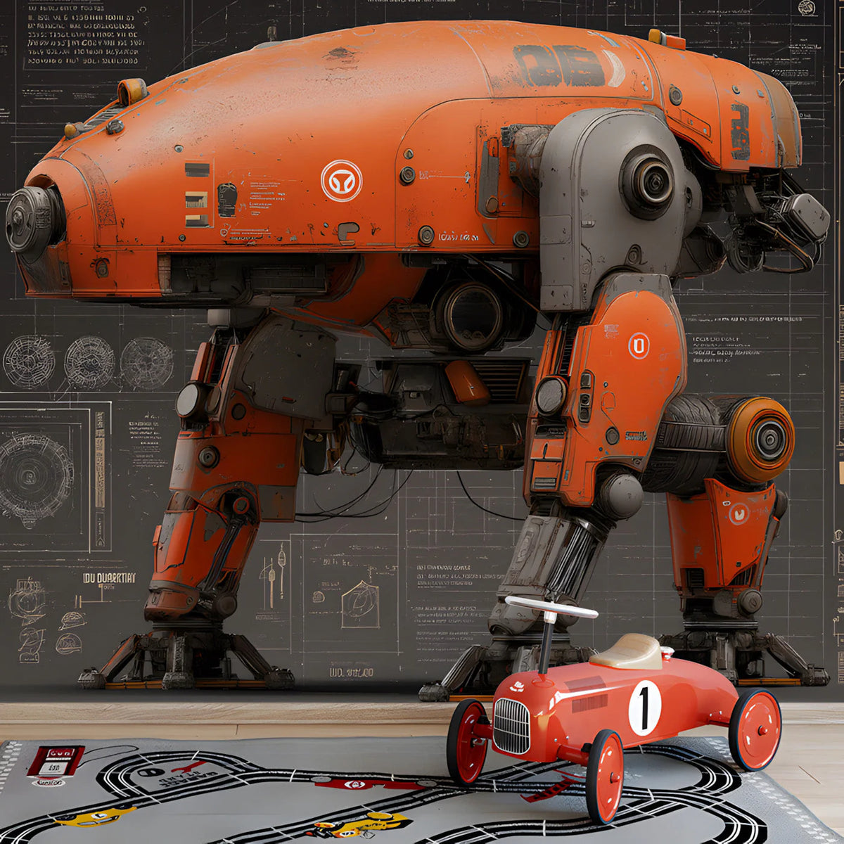 Industrial Robot Blueprint Mural Wallpaper — Technical Orange Mural Wallpaper - pure wallpaper artwork