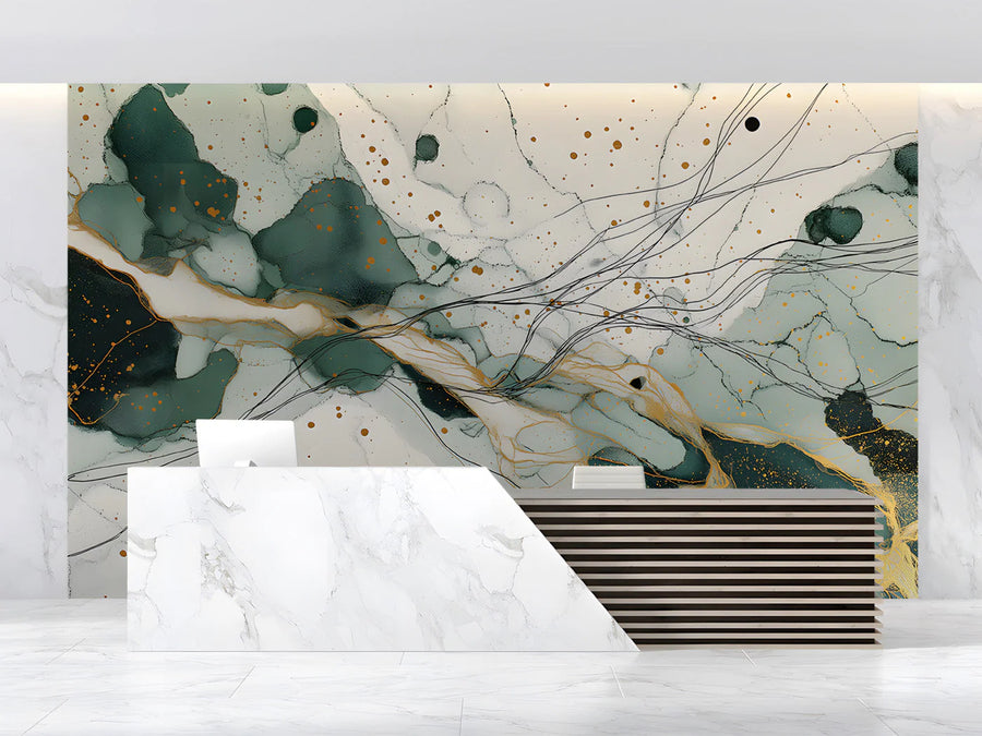 Abstract Ink Wash Mural Wallpaper with Emerald and Gold Accents Mural Wallpaper