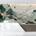 Abstract Ink Wash Mural Wallpaper with Emerald and Gold Accents Mural Wallpaper - pure wallpaper artwork