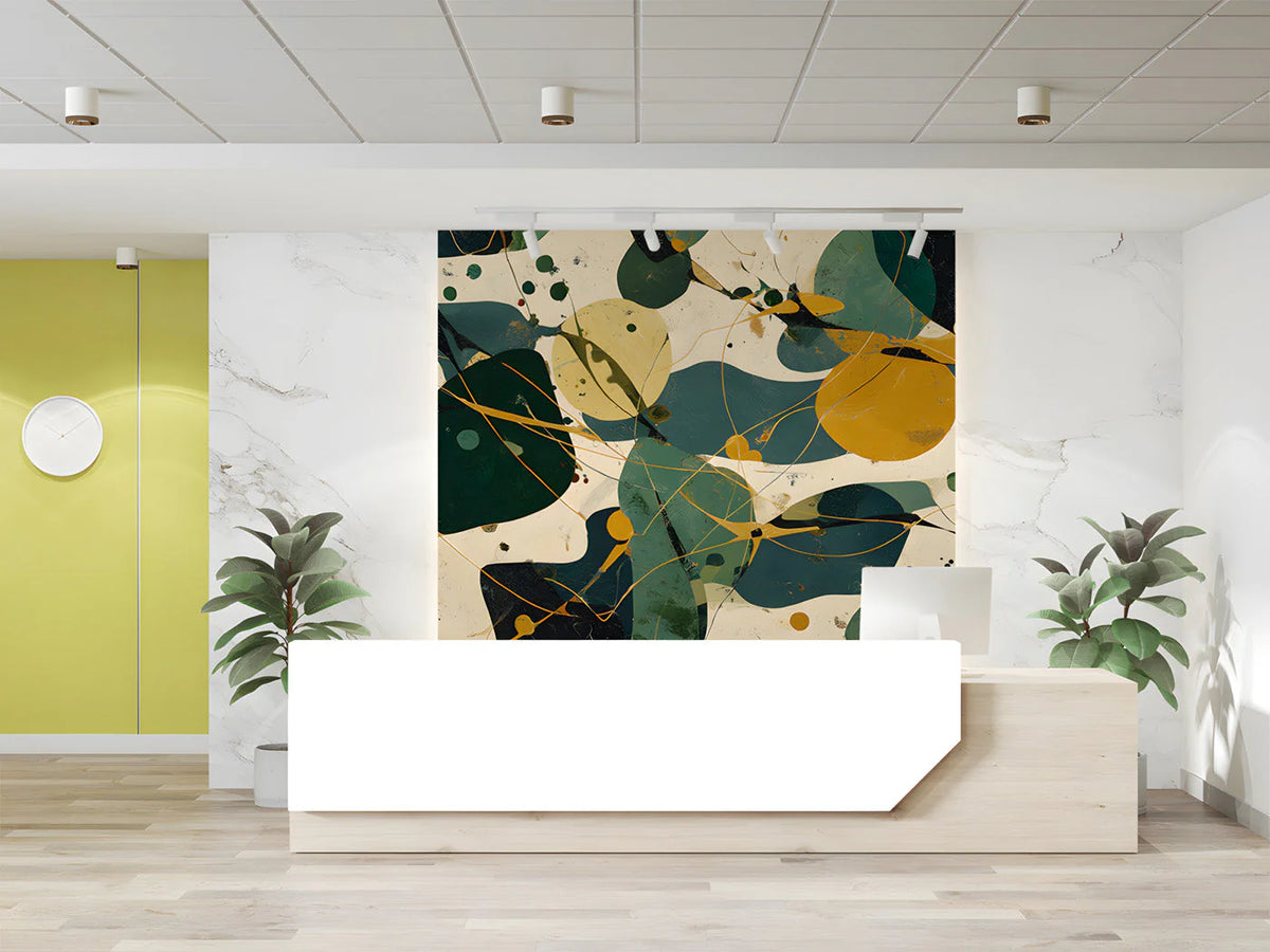 Mid-Century Abstract Mural Wallpaper with Ochre and Teal Accents Mural Wallpaper - pure wallpaper artwork