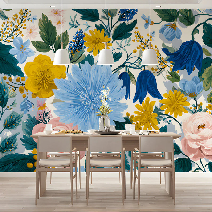 Sunlit Meadow Floral Mural Wallpaper — Colorful Botanical Art Mural Wallpaper