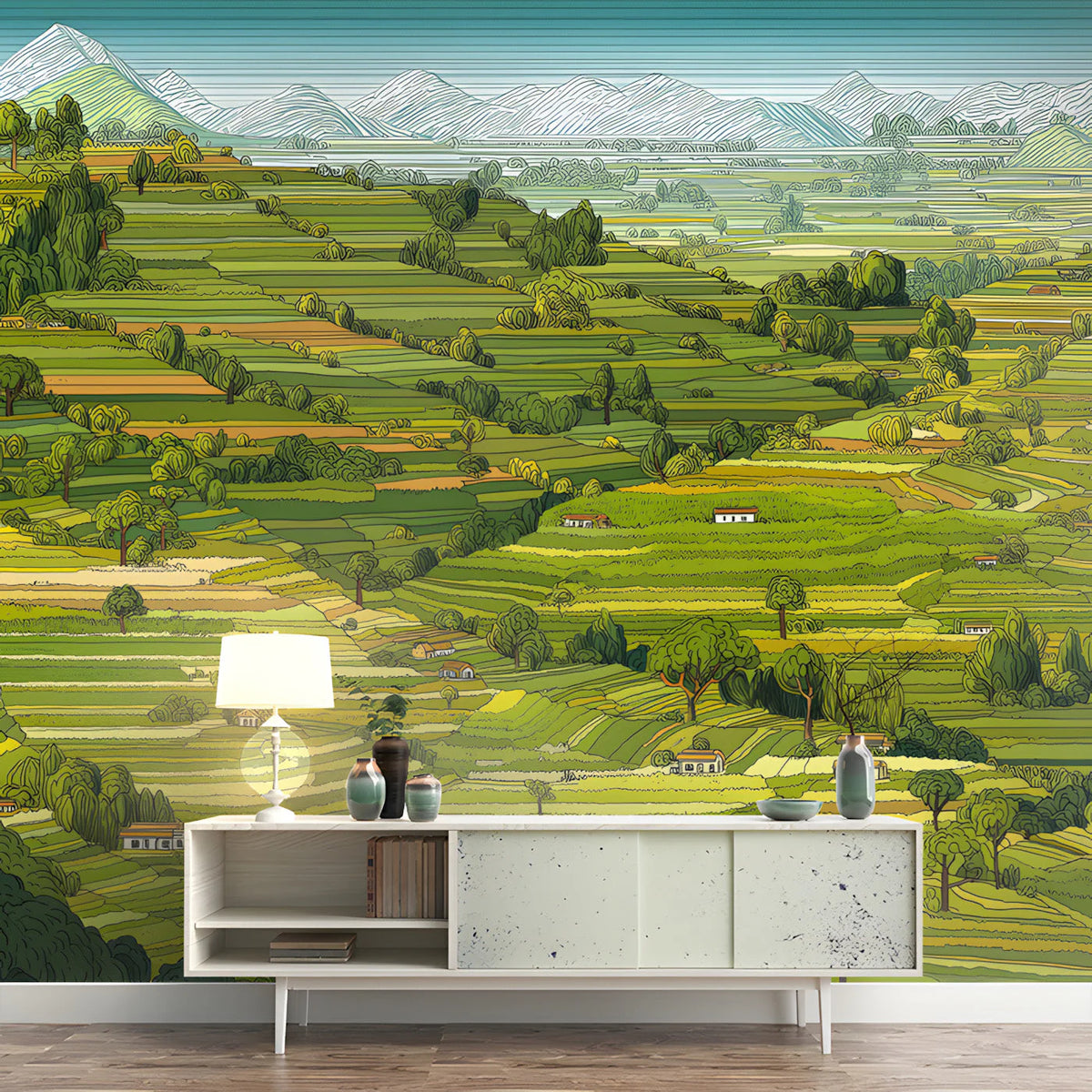 Terraced Mountain Valley Mural Wallpaper — Hand-Drawn Landscape Mural Wallpaper - pure wallpaper artwork
