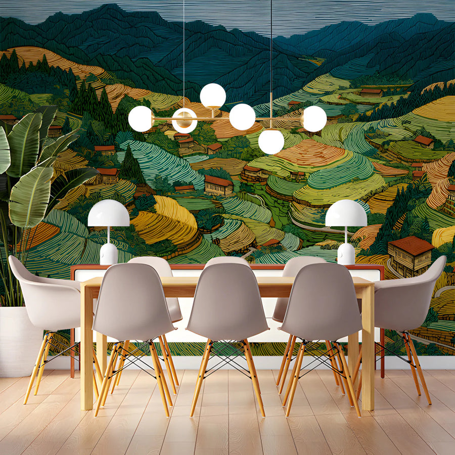 Terraced Mountain Landscape Mural Wallpaper in Earthy Tones Mural Wallpaper