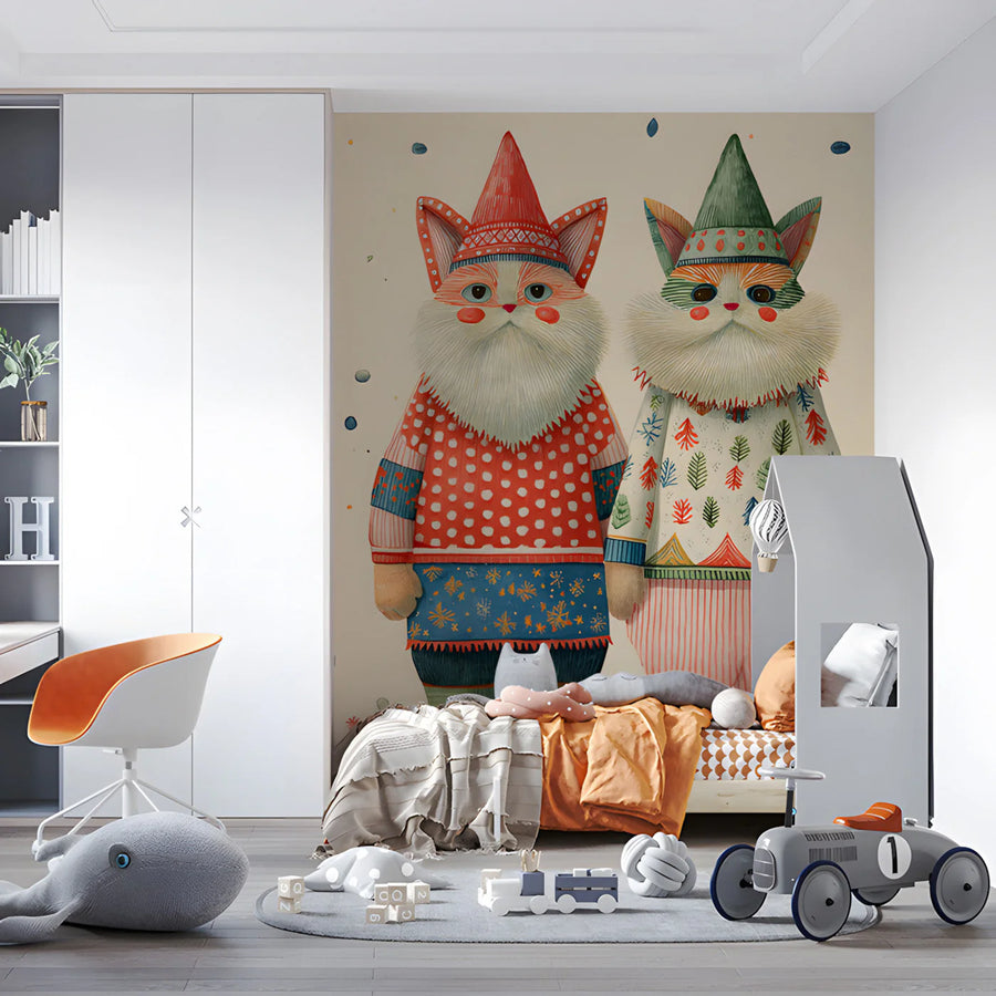 Folklore Cat Duo Mural Wallpaper — Whimsical Hand-Drawn Illustration Mural Wallpaper