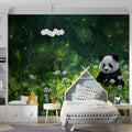 Panda in Enchanted Forest Mural Wallpaper with Firefly Glow Mural Wallpaper - pure wallpaper artwork