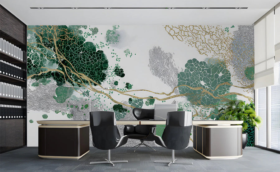 Emerald and Gold Abstract Fluid Mural Wallpaper