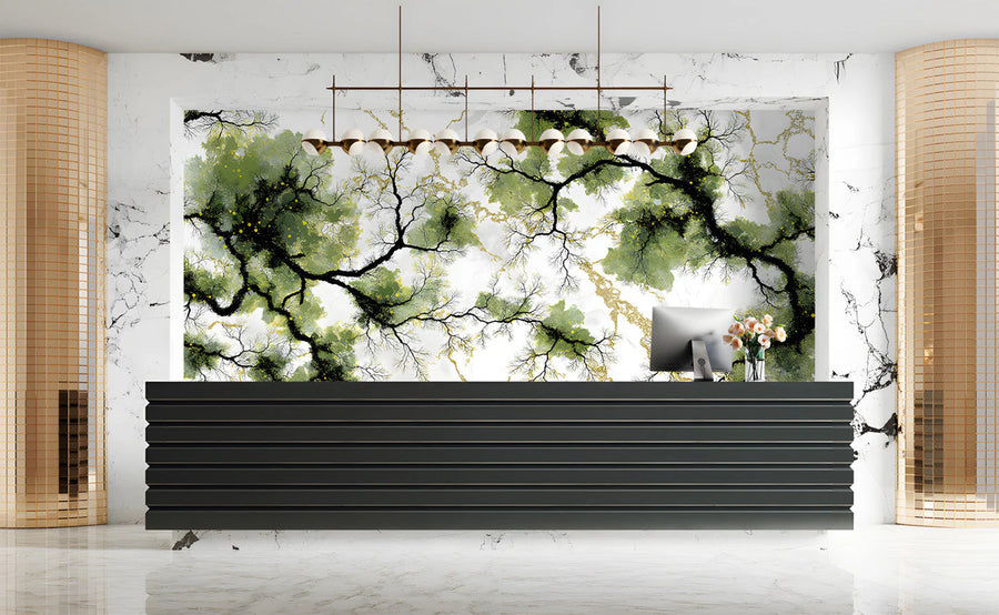 Gilded Forest Branch Mural Wallpaper — Artistic Nature Design Mural Wallpaper