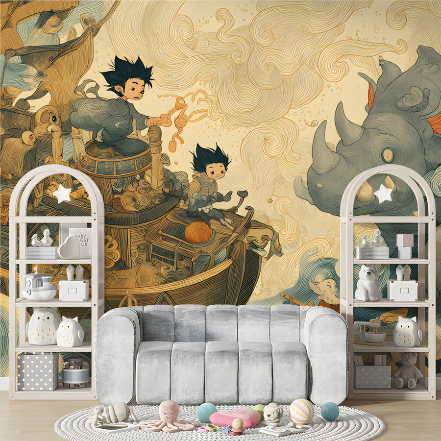 Fantasy Voyage Mural Wallpaper — Whimsical Storybook Illustration Mural Wallpaper