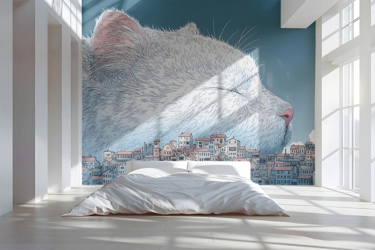 Giant Sleeping Cat Over Mediterranean Town Mural Wallpaper - pure wallpaper artwork