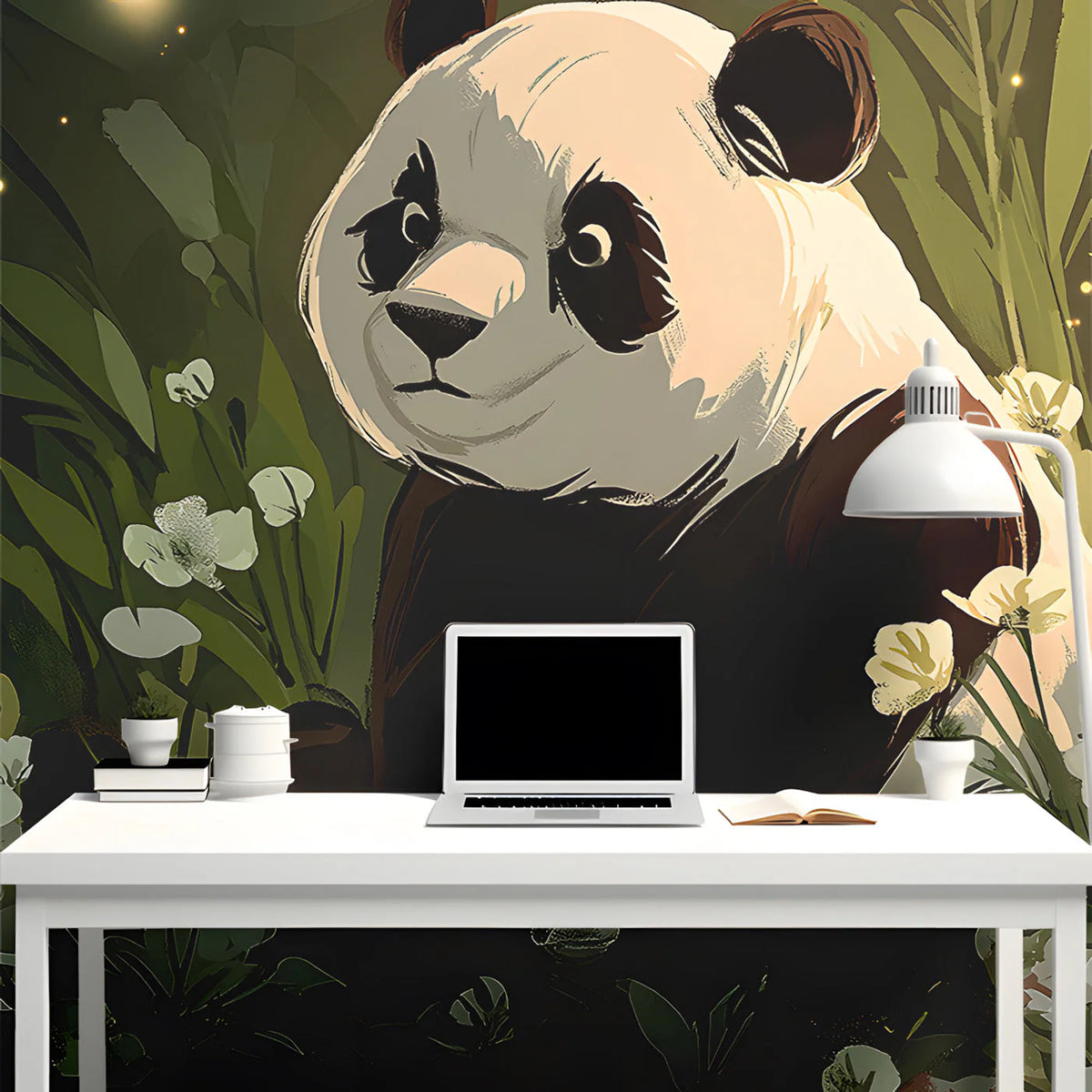 Panda in Forest Grove Mural Wallpaper with Firefly Glow Mural Wallpaper - pure wallpaper artwork