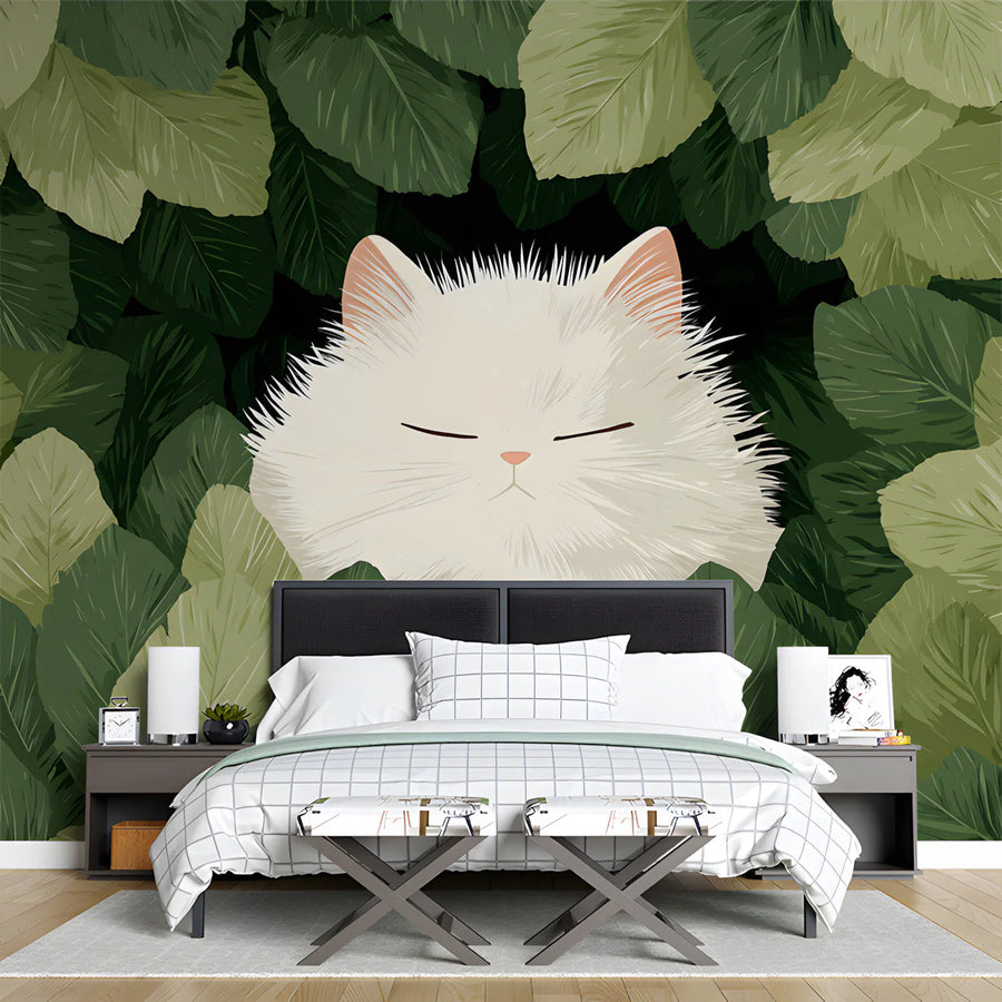 White Fluffy Cat in Deep Jungle Mural Wallpaper