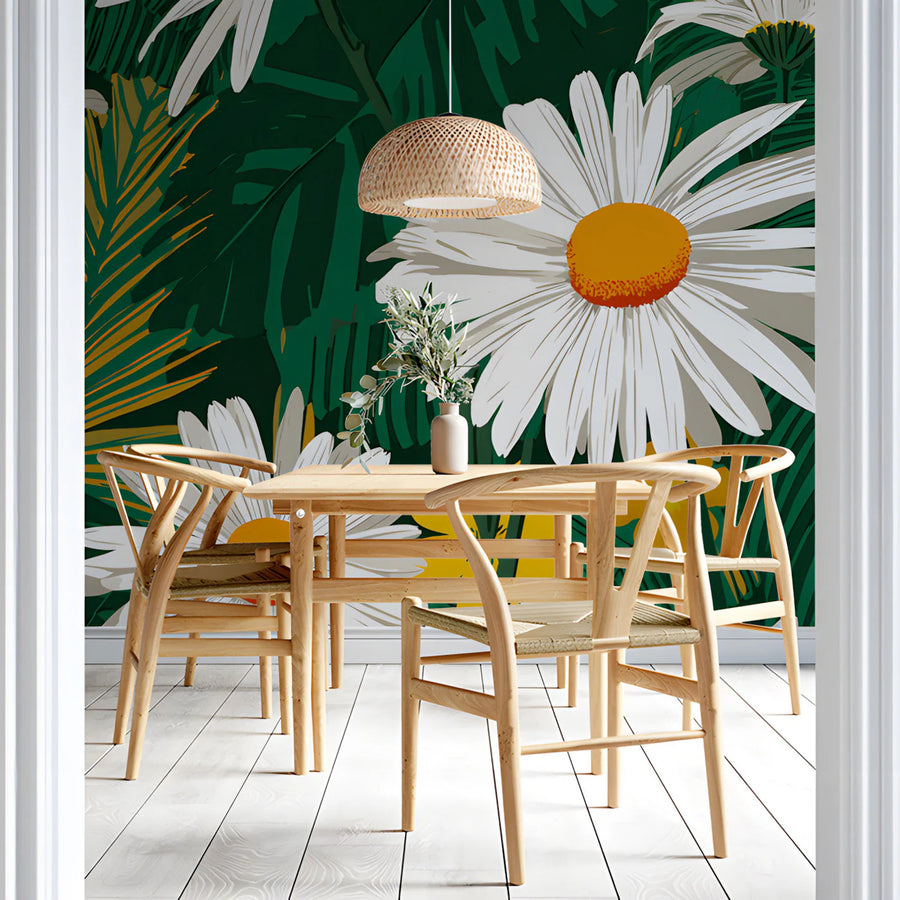 Bold Daisy Meadow Mural Wallpaper in Deep Forest Green Mural Wallpaper