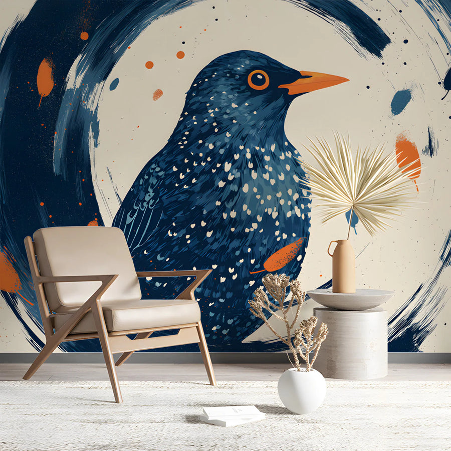 Starling Bird Mural Wallpaper — Abstract Painterly Nature Design Mural Wallpaper