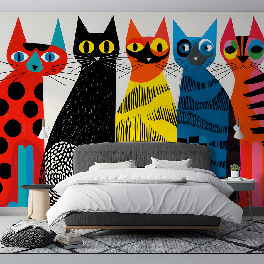 Mid-Century Cat Parade Mural Wallpaper —Whimsical Retro Art Mural Wallpaper