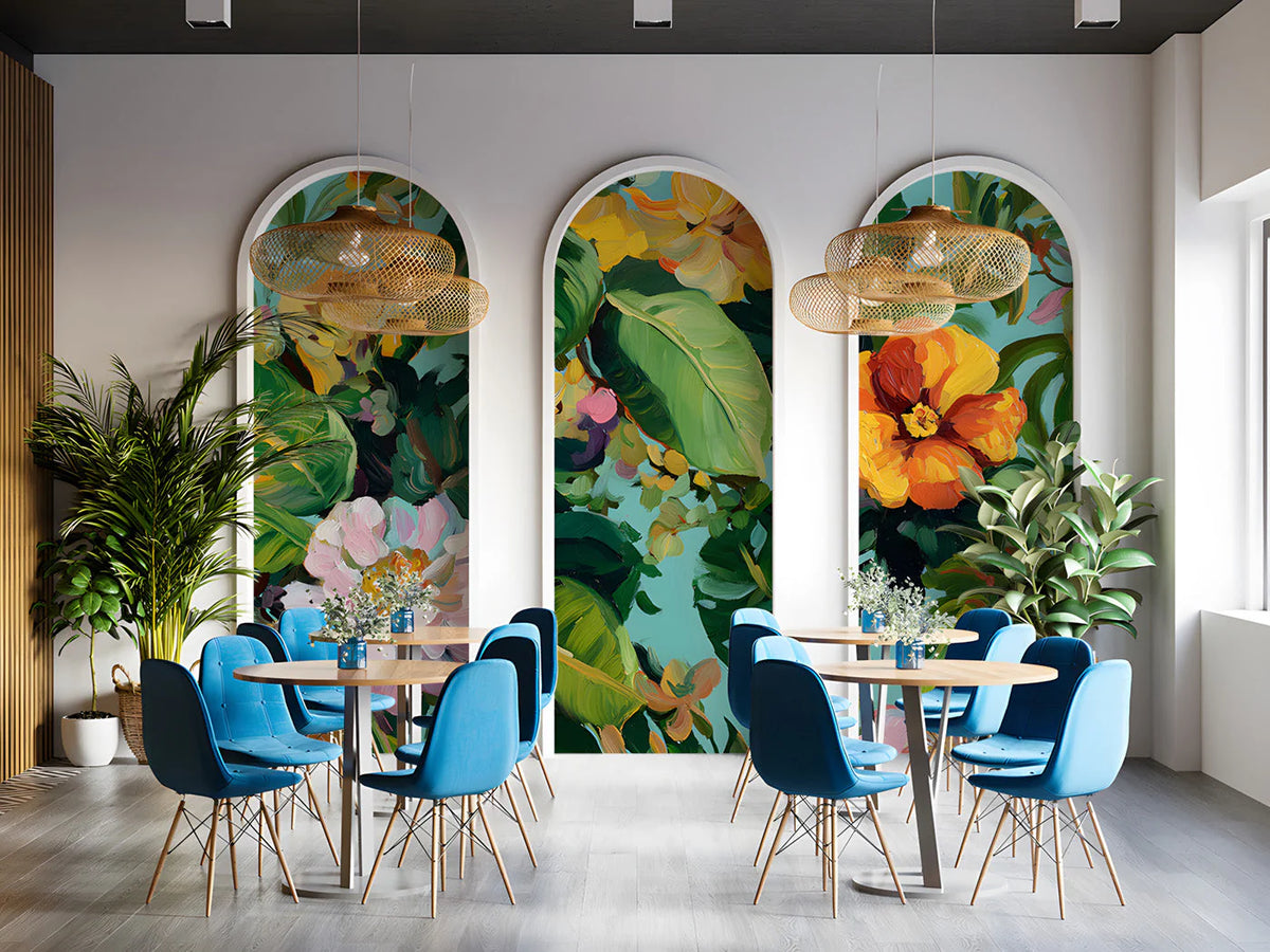 Vibrant Botanical Oil Painting Mural Wallpaper in Teal Mural Wallpaper - pure wallpaper artwork