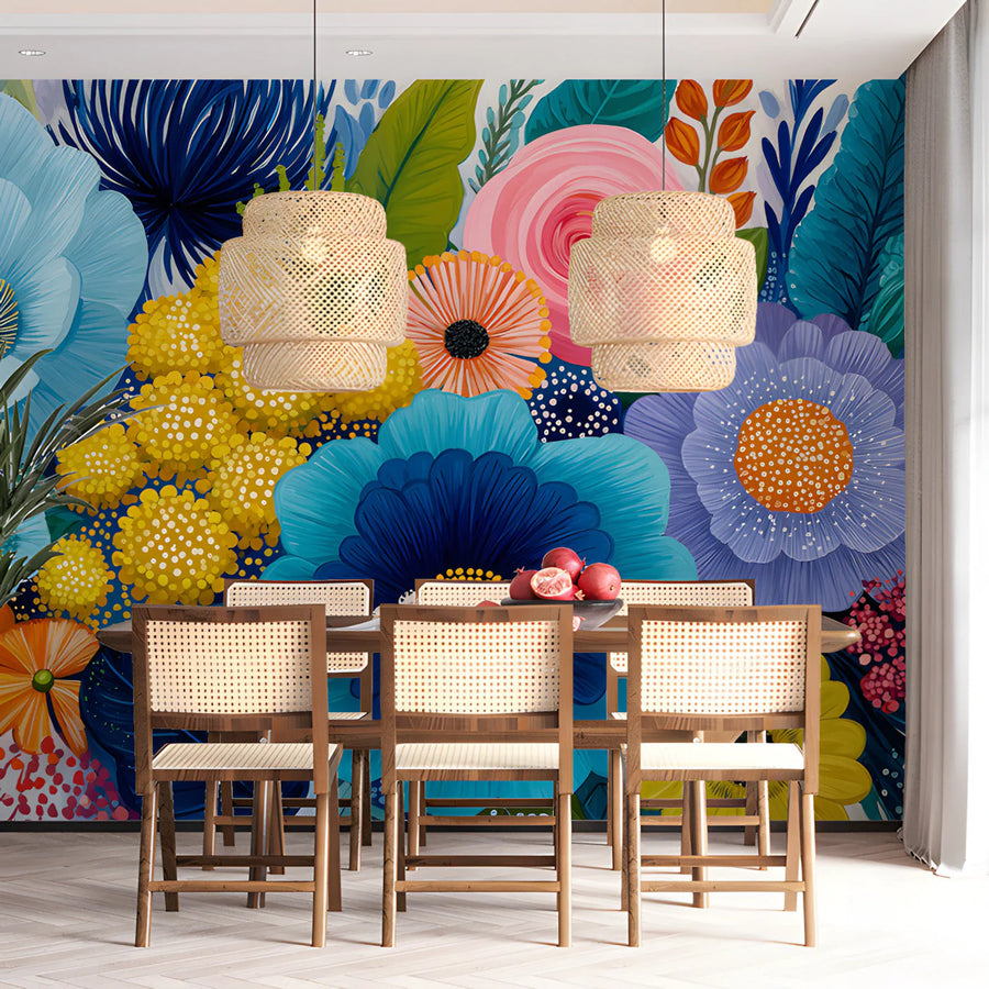 Vibrant Botanical Garden Mural Wallpaper in Saturated Florals Mural Wallpaper