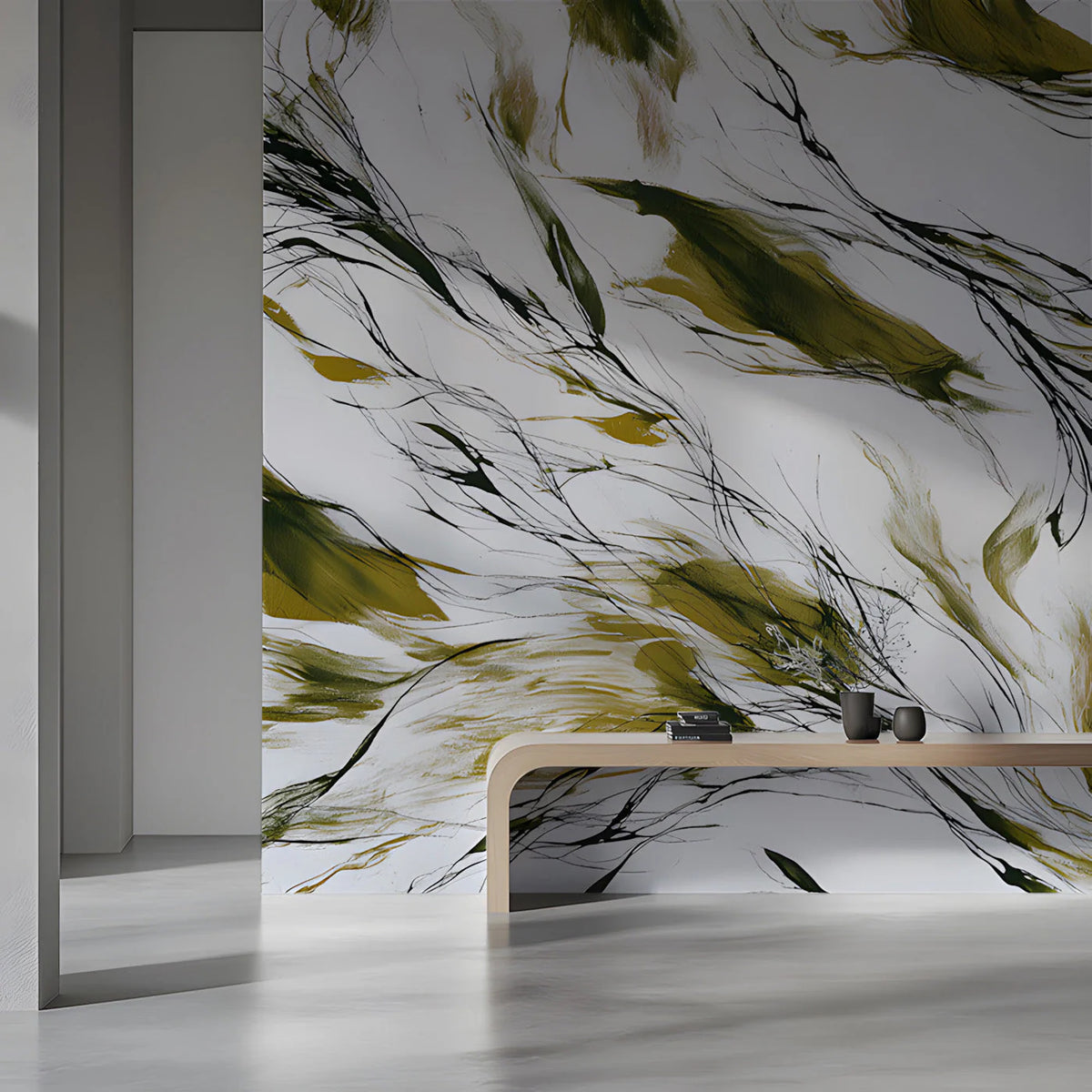 Abstract Willow Branch Mural Wallpaper in Ochre and Black Mural Wallpaper - pure wallpaper artwork