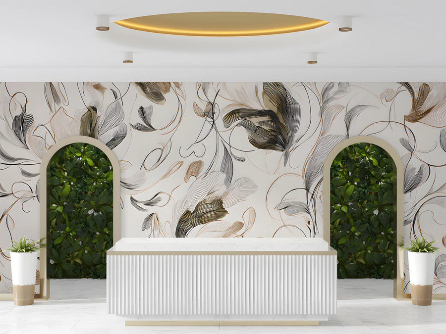 Abstract Botanical Line Art Mural Wallpaper — Organic Swirls Mural Wallpaper