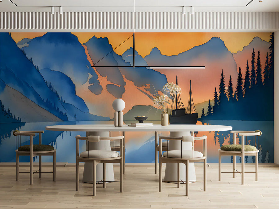 Sunset Mountain Lake Mural Wallpaper — Impressionistic Scenery Mural Wallpaper