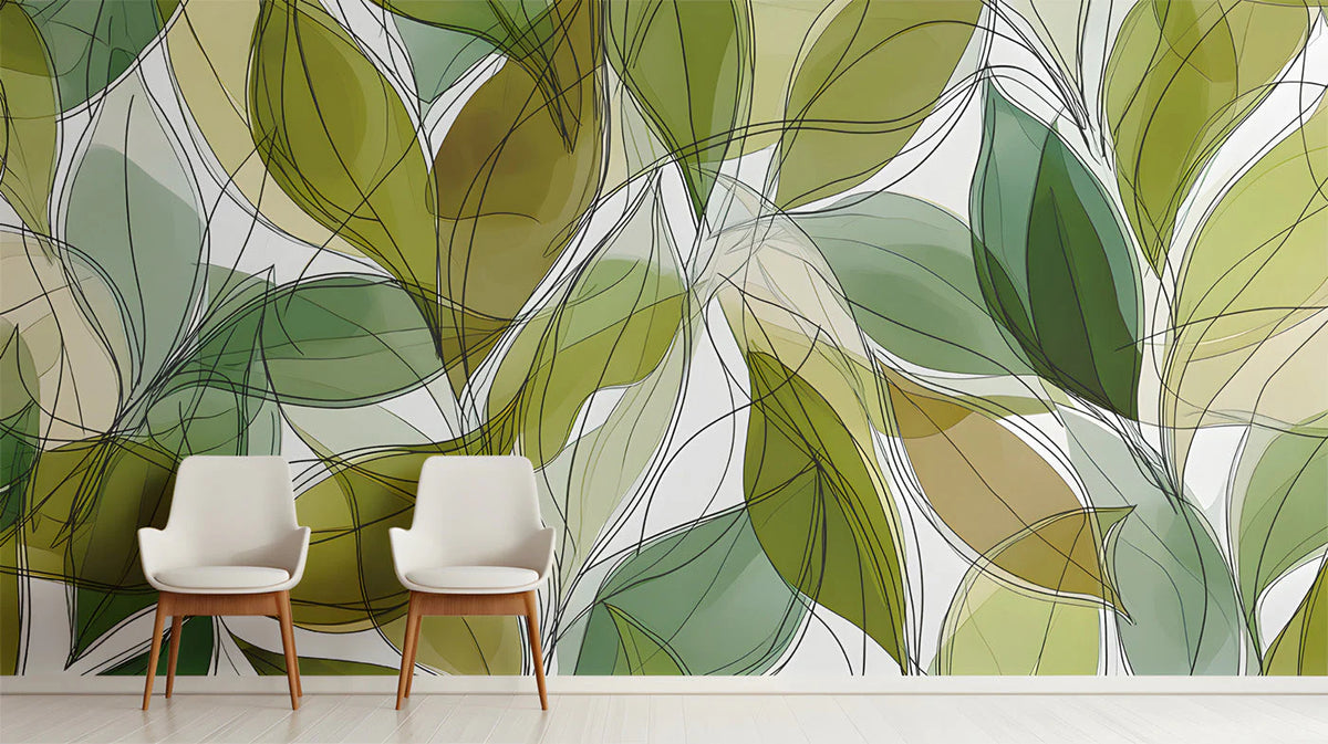 Abstract Leaf Silhouette Mural Wallpaper in Sage and Olive Green Mural Wallpaper - pure wallpaper artwork