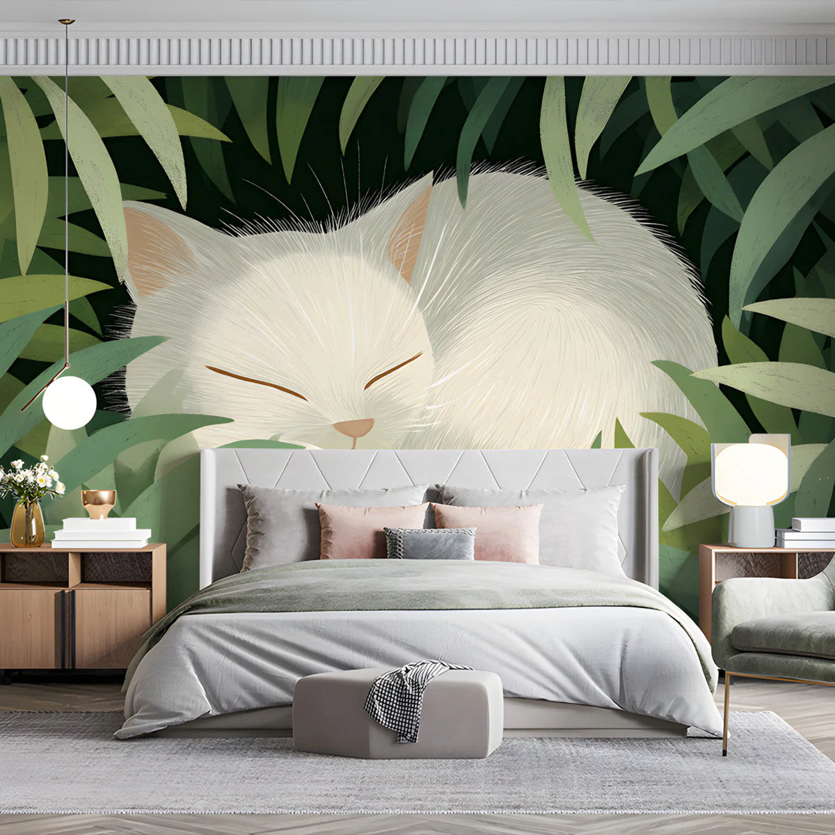 Sleeping White Cat Mural Wallpaper in Lush Green Foliage Mural Wallpaper - pure wallpaper artwork