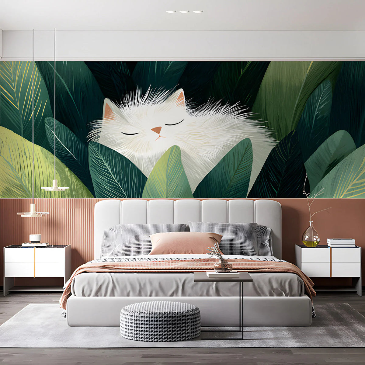 Sleepy White Cat in Tropical Foliage Mural Wallpaper - pure wallpaper artwork