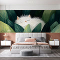 Sleepy White Cat in Tropical Foliage Mural Wallpaper - pure wallpaper artwork