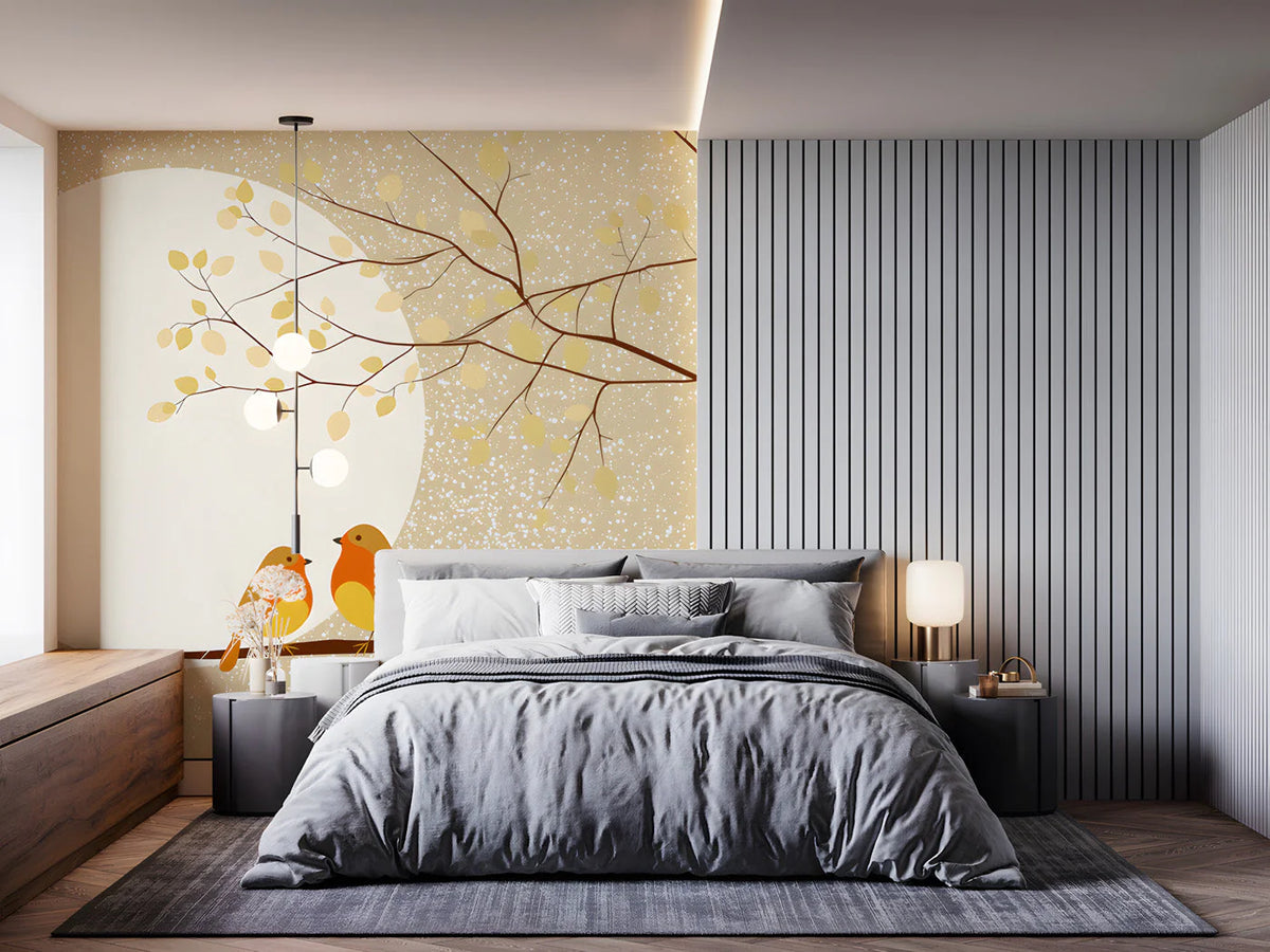 Sunlit Songbirds Mural Wallpaper with Soft Winter Snowfall Mural Wallpaper - pure wallpaper artwork