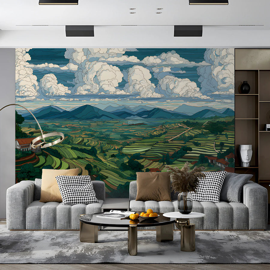 Terraced Valley Landscape Mural Wallpaper with Cloudy Sky Mural Wallpaper