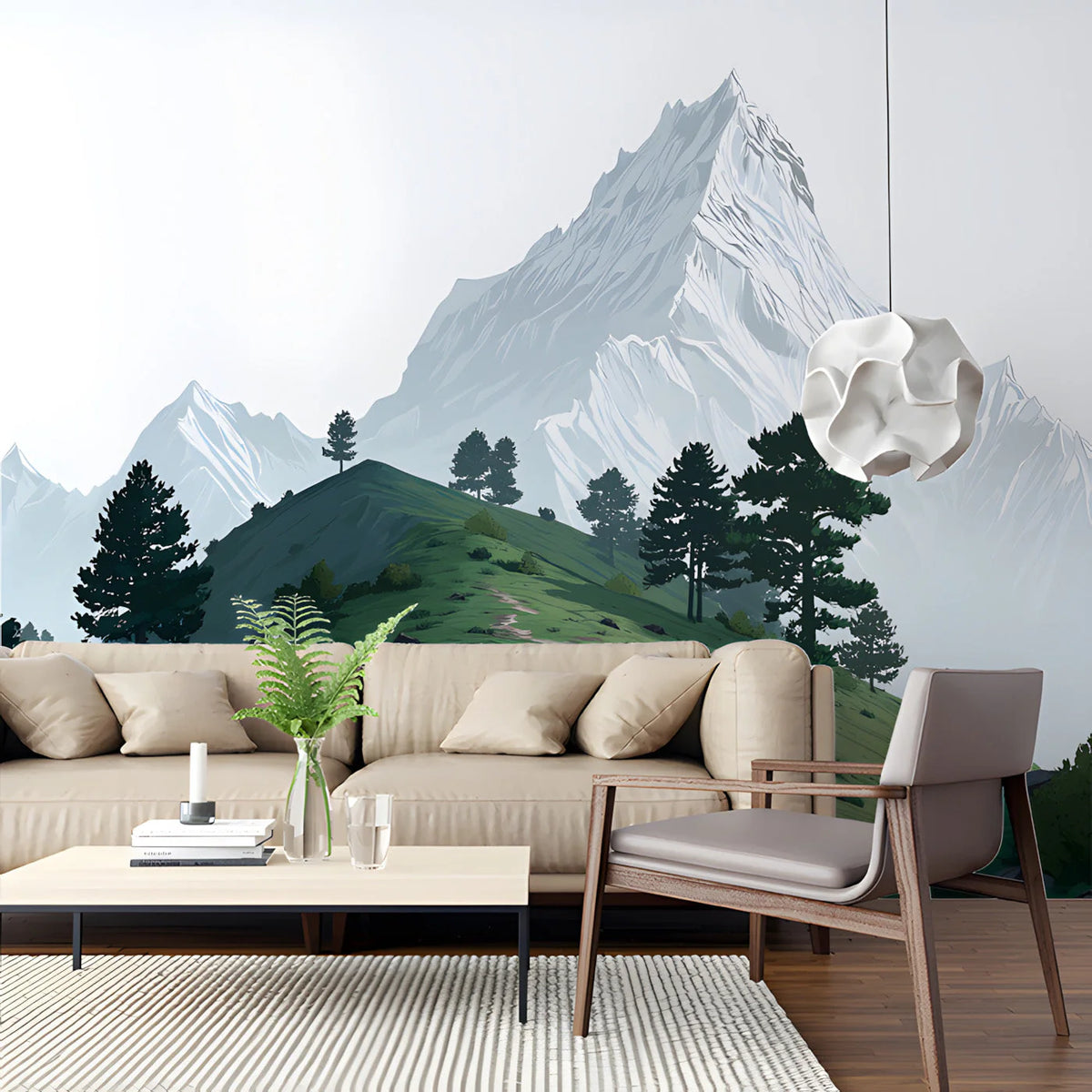 Alpine Ridge Mural Wallpaper with Snowy Peaks and Green Foothills Mural Wallpaper - pure wallpaper artwork