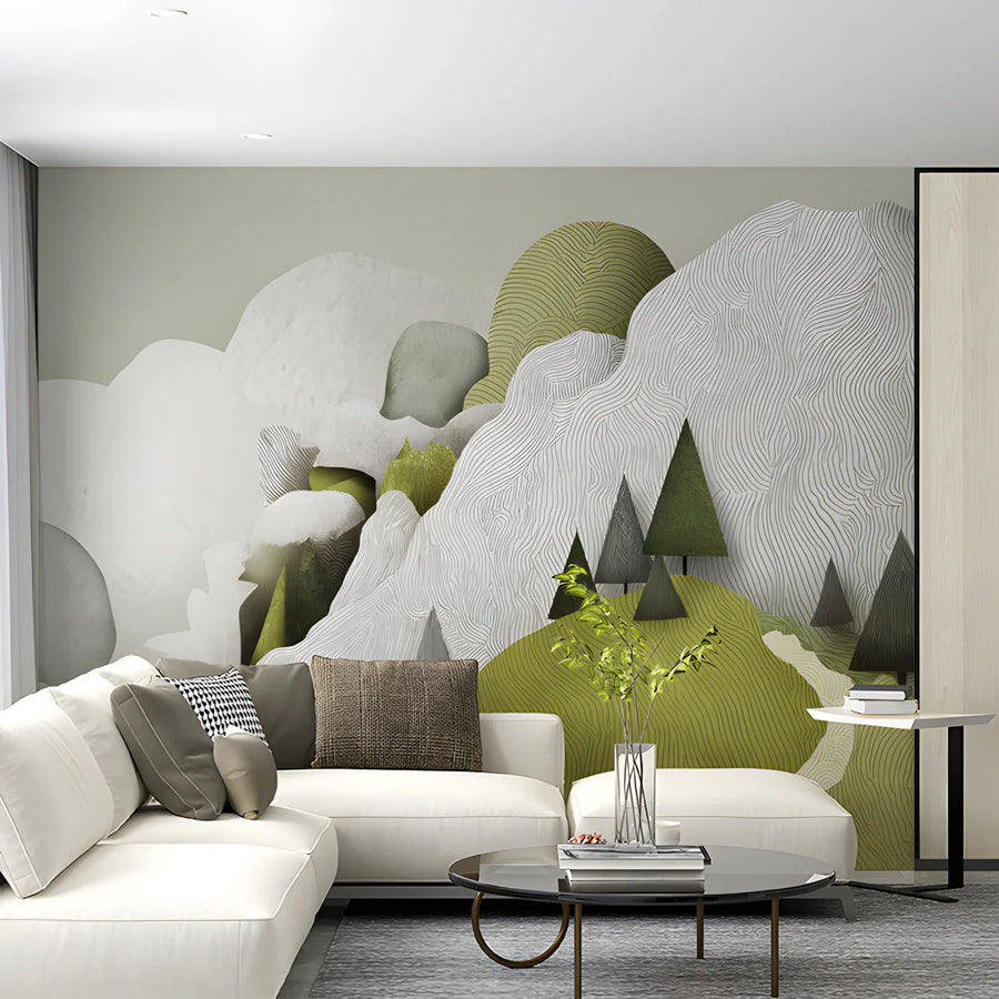 Abstract Mountain Landscape Mural Wallpaper in Sage and Olive Mural Wallpaper